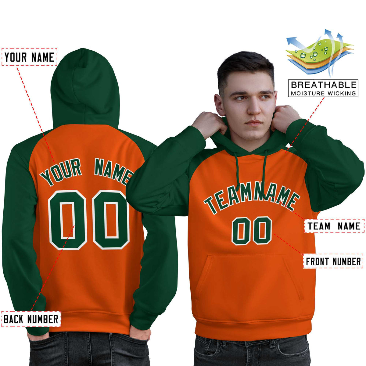 Custom Stitched Orange Green Raglan Sleeves Sports Pullover Sweatshirt Hoodie For Men| KXKSHOP