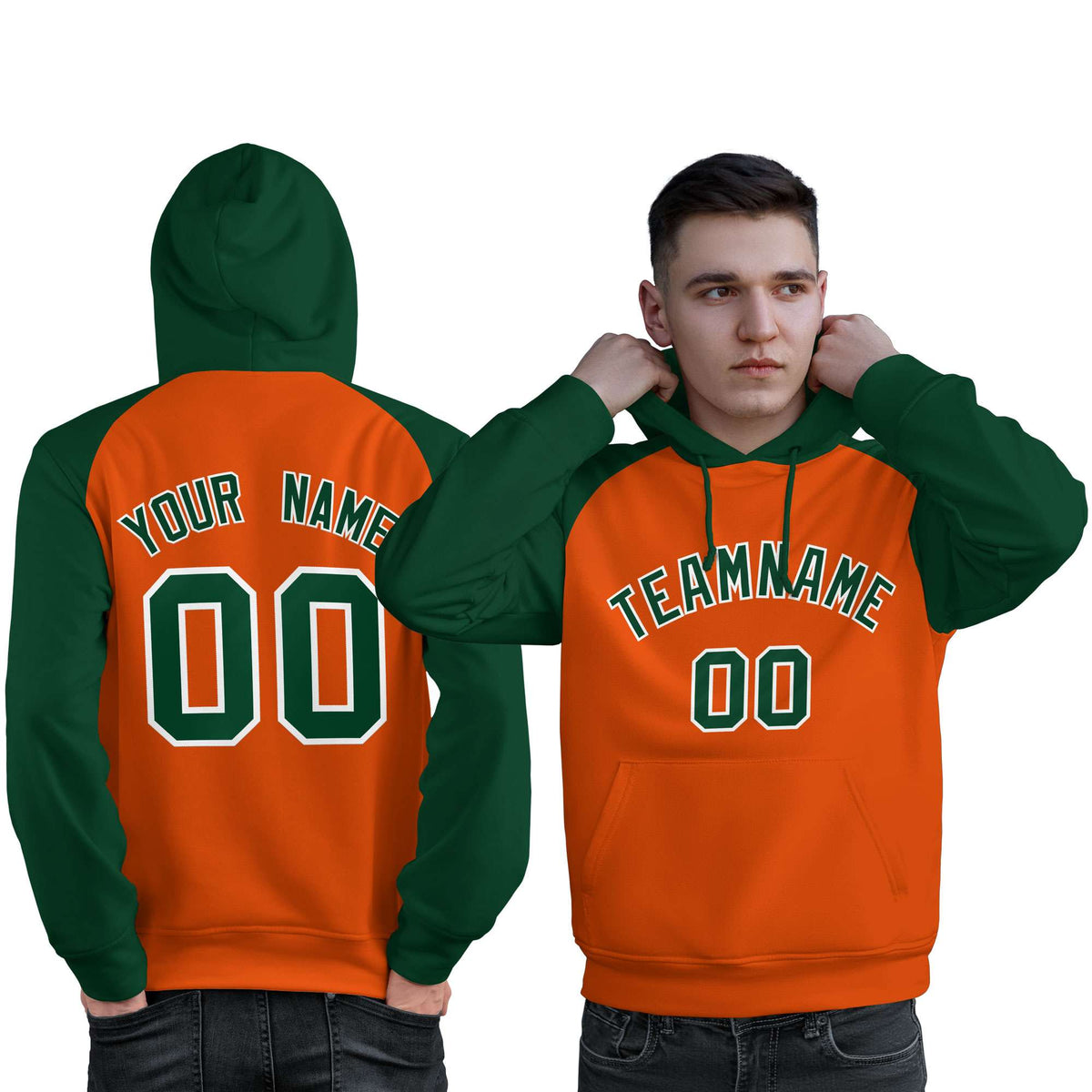 Custom Stitched Orange Green Raglan Sleeves Sports Pullover Sweatshirt Hoodie For Men| KXKSHOP