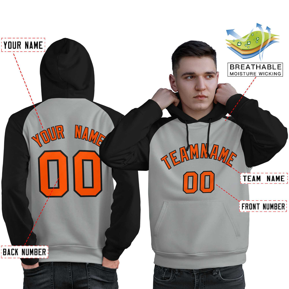 Custom Stitched Gray Black-Orange Raglan Sleeves Sports Pullover Sweatshirt Hoodie For Men| KXKSHOP