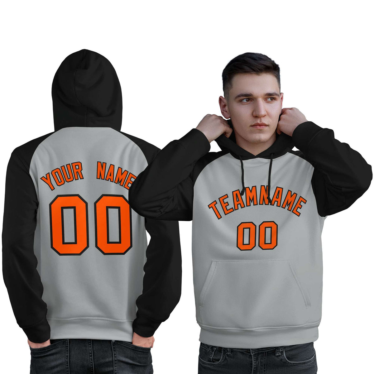 Custom Stitched Gray Black-Orange Raglan Sleeves Sports Pullover Sweatshirt Hoodie For Men| KXKSHOP