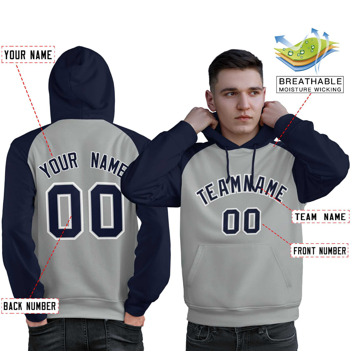Custom Stitched Gray Navy Raglan Sleeves Sports Pullover Sweatshirt Hoodie For Men| KXKSHOP