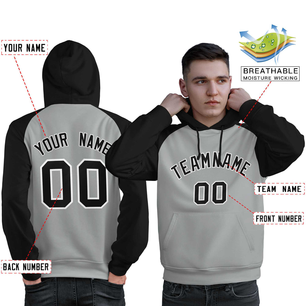 Custom Stitched Gray Black Raglan Sleeves Sports Pullover Sweatshirt Hoodie For Men| KXKSHOP
