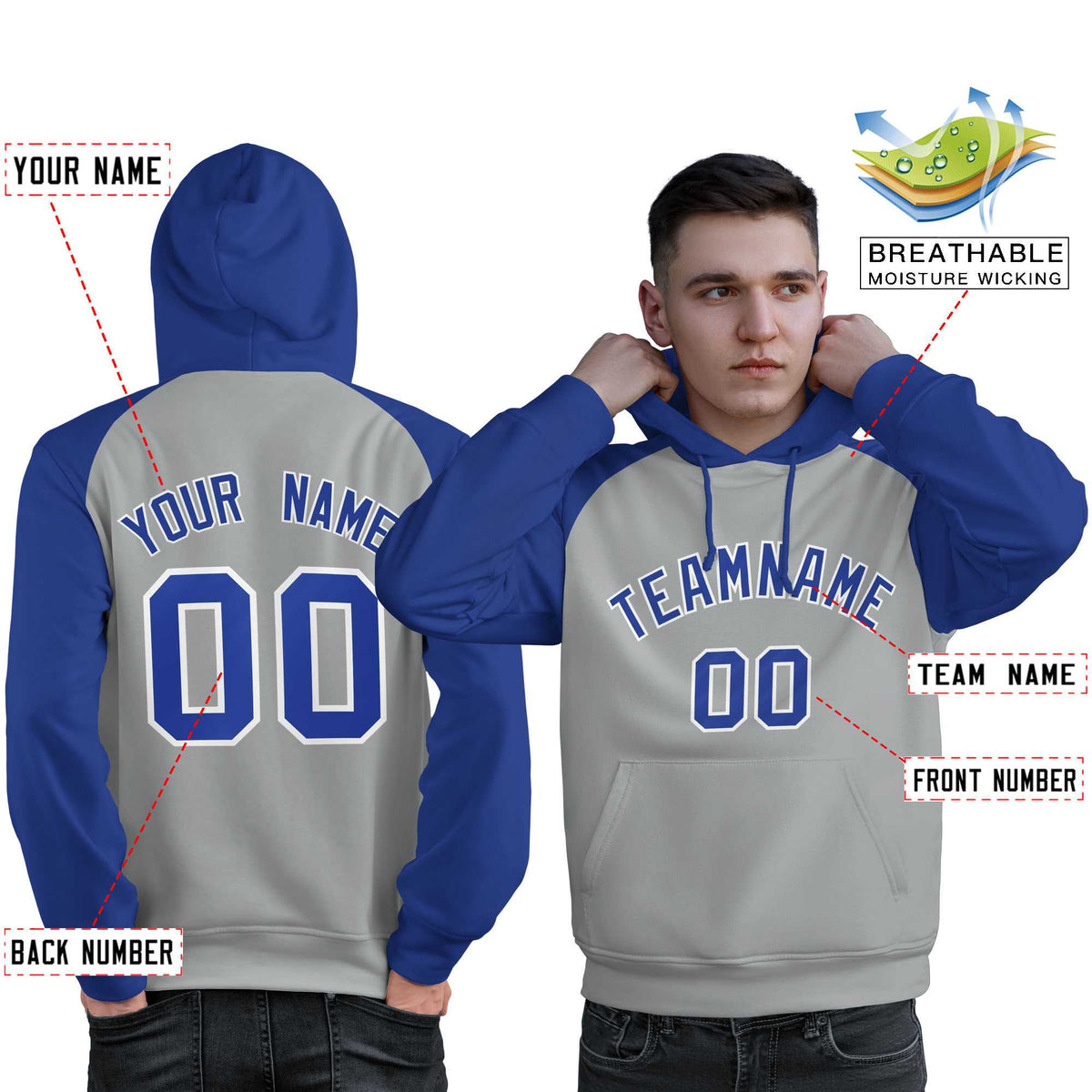 Custom Stitched Gray Royal Raglan Sleeves Sports Pullover Sweatshirt Hoodie For Men| KXKSHOP