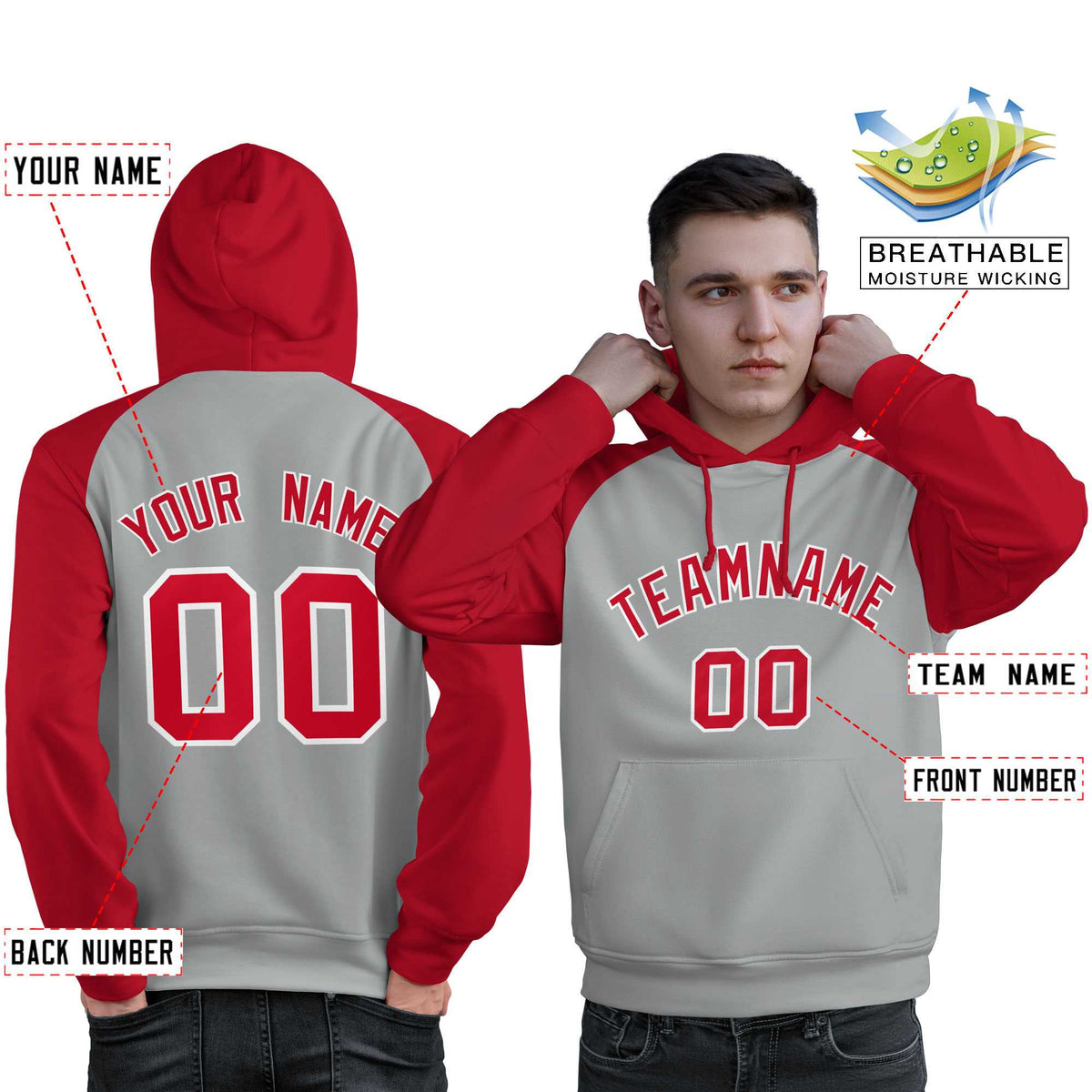 Custom Stitched Gray Red Raglan Sleeves Sports Pullover Sweatshirt Hoodie For Men| KXKSHOP