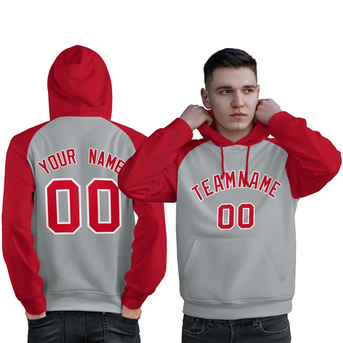 Custom Stitched Gray Red Raglan Sleeves Sports Pullover Sweatshirt Hoodie For Men| KXKSHOP