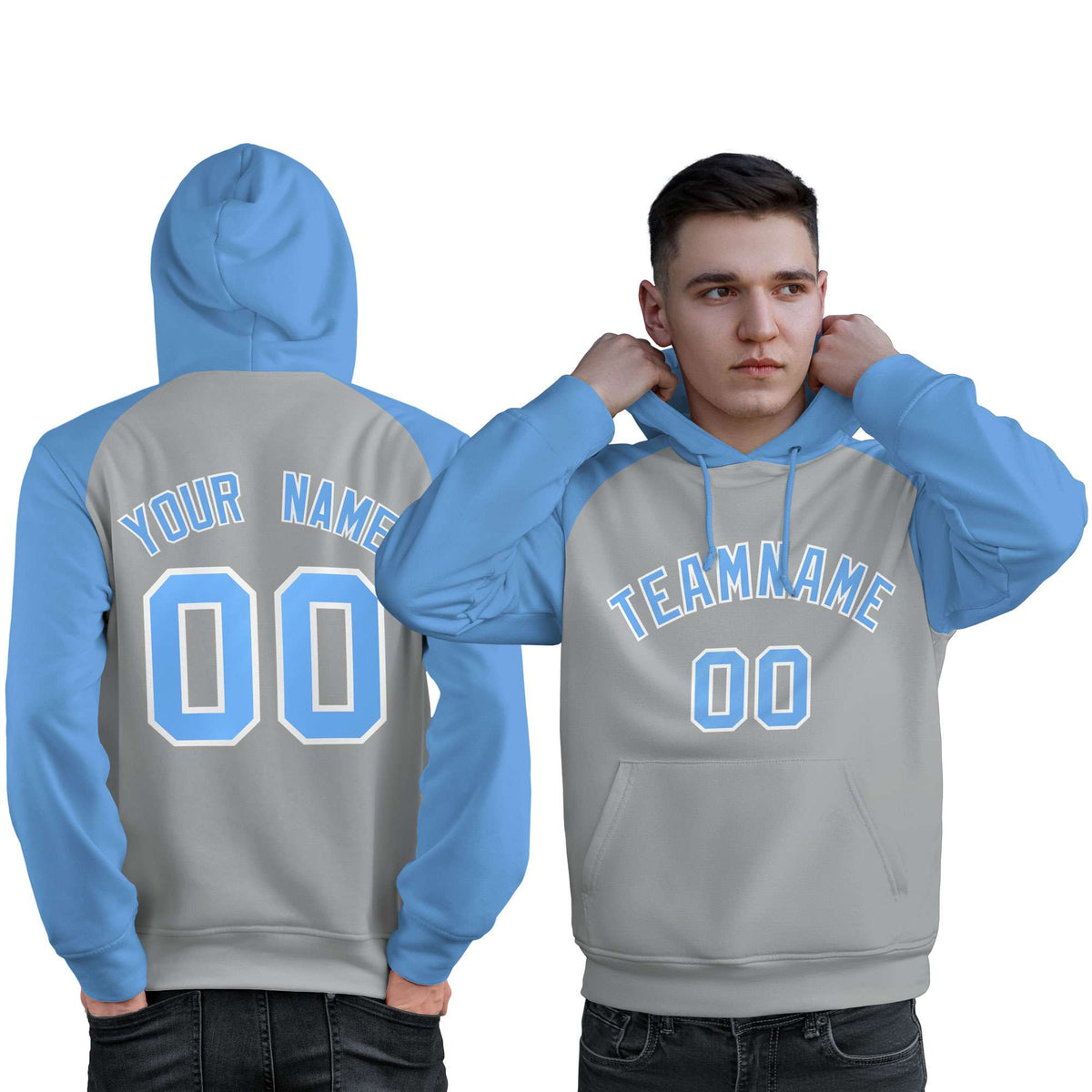 Custom Stitched Gray Powder Blue Raglan Sleeves Sports Pullover Sweatshirt Hoodie For Men| KXKSHOP