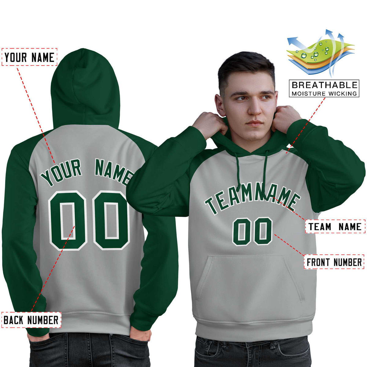 Custom Stitched Gray Green Raglan Sleeves Sports Pullover Sweatshirt Hoodie For Men| KXKSHOP
