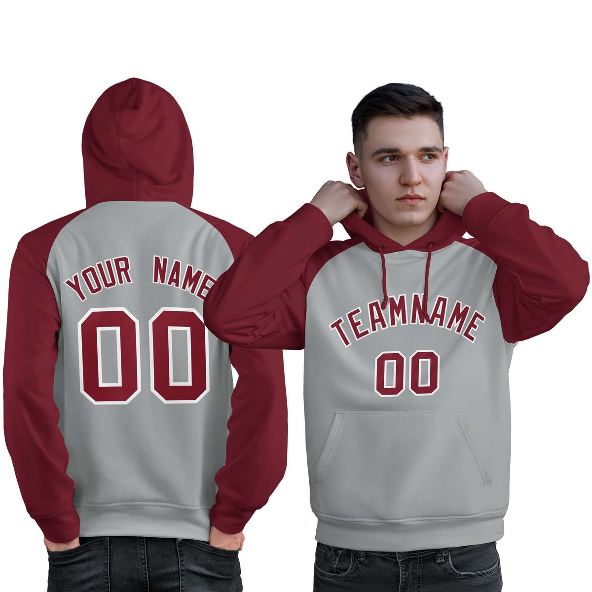 Custom Stitched Gray Crimson Raglan Sleeves Sports Pullover Sweatshirt Hoodie For Men| KXKSHOP
