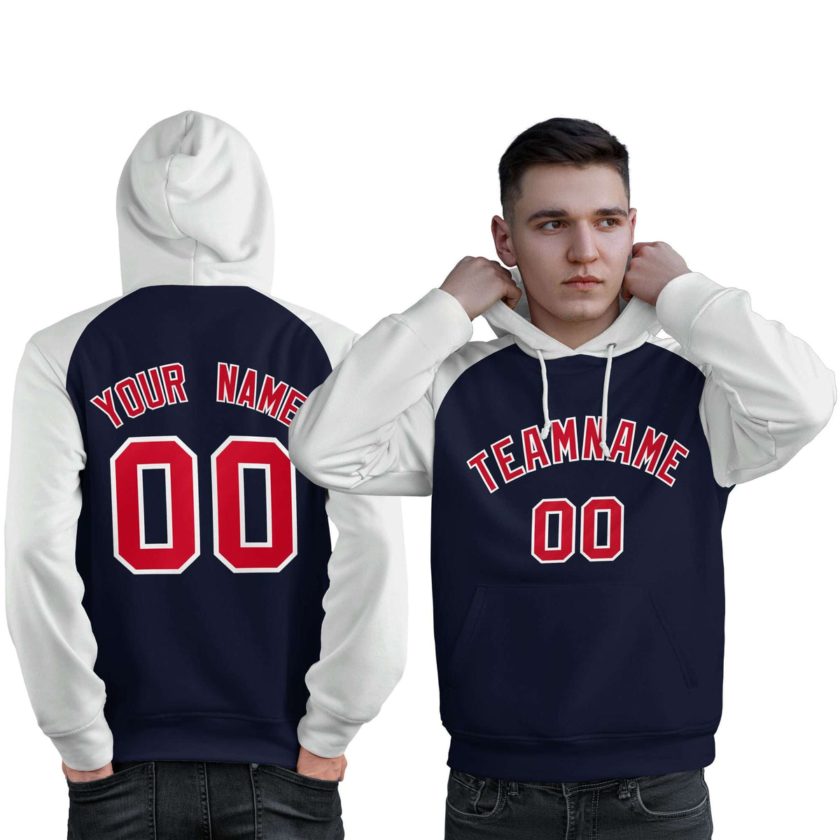 Custom Stitched Navy White-Red Raglan Sleeves Sports Pullover Sweatshirt Hoodie For Men| KXKSHOP