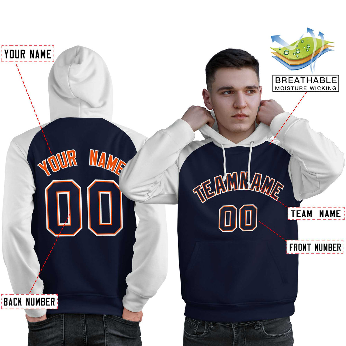 Custom Stitched Navy White Raglan Sleeves Sports Pullover Sweatshirt Hoodie For Men| KXKSHOP