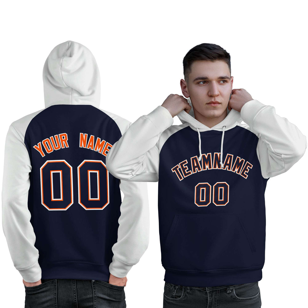 Custom Stitched Navy White Raglan Sleeves Sports Pullover Sweatshirt Hoodie For Men| KXKSHOP