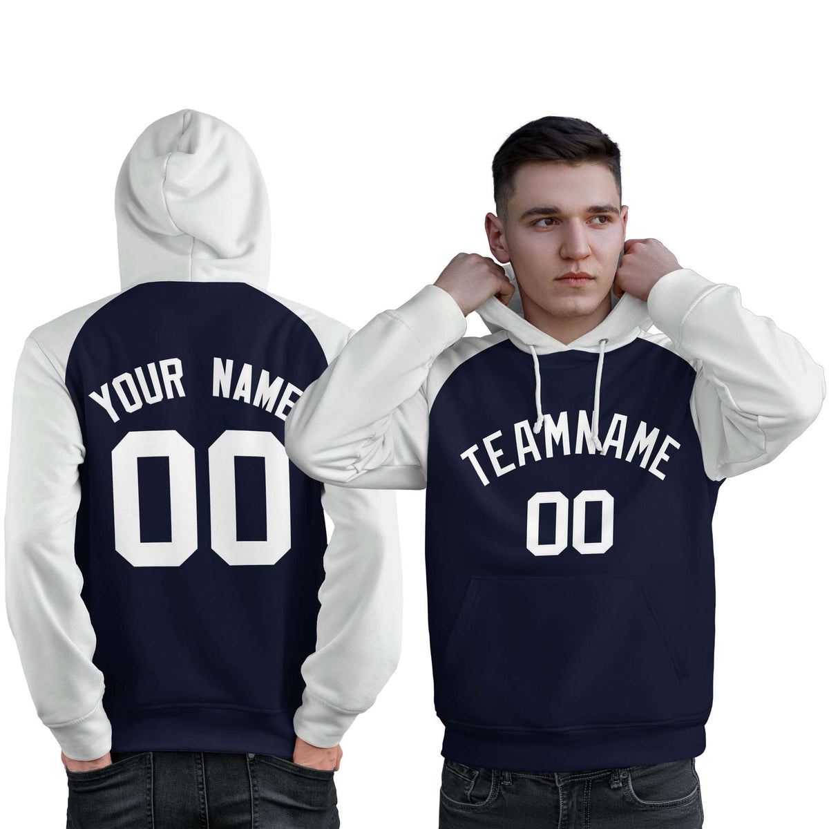 Custom Stitched Navy White Raglan Sleeves Sports Pullover Sweatshirt Hoodie For Men| KXKSHOP