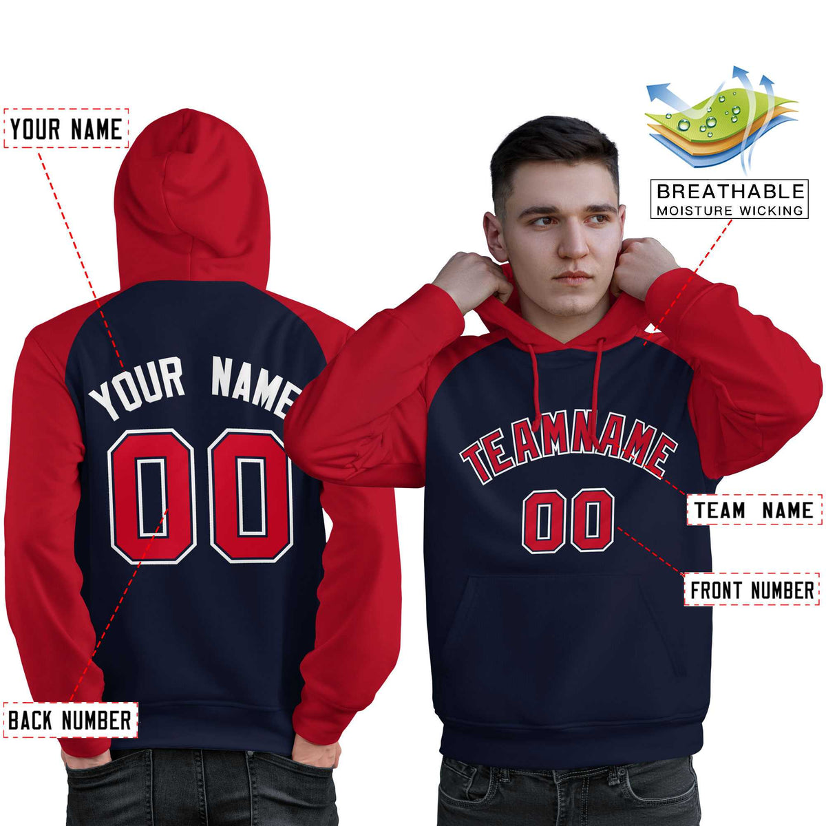 Custom Stitched Navy Red Raglan Sleeves Sports Pullover Sweatshirt Hoodie For Men| KXKSHOP