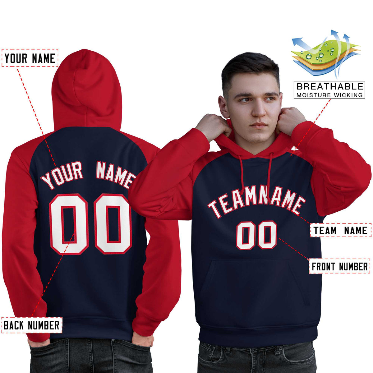 Custom Stitched Navy Red-White Raglan Sleeves Sports Pullover Sweatshirt Hoodie For Men| KXKSHOP