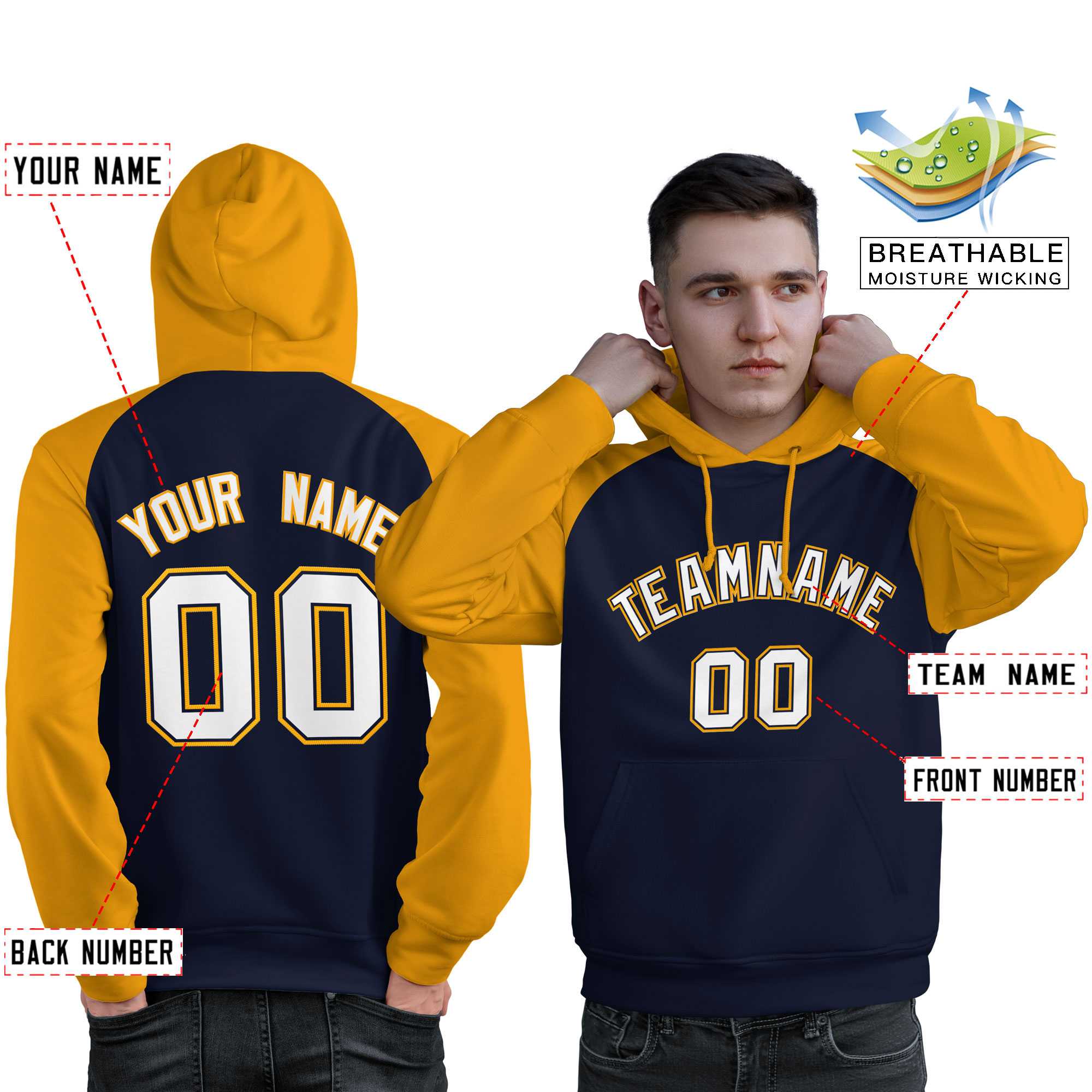 Custom Stitched Navy Gold-White Raglan Sleeves Sports Pullover Sweatshirt Hoodie For Men| KXKSHOP