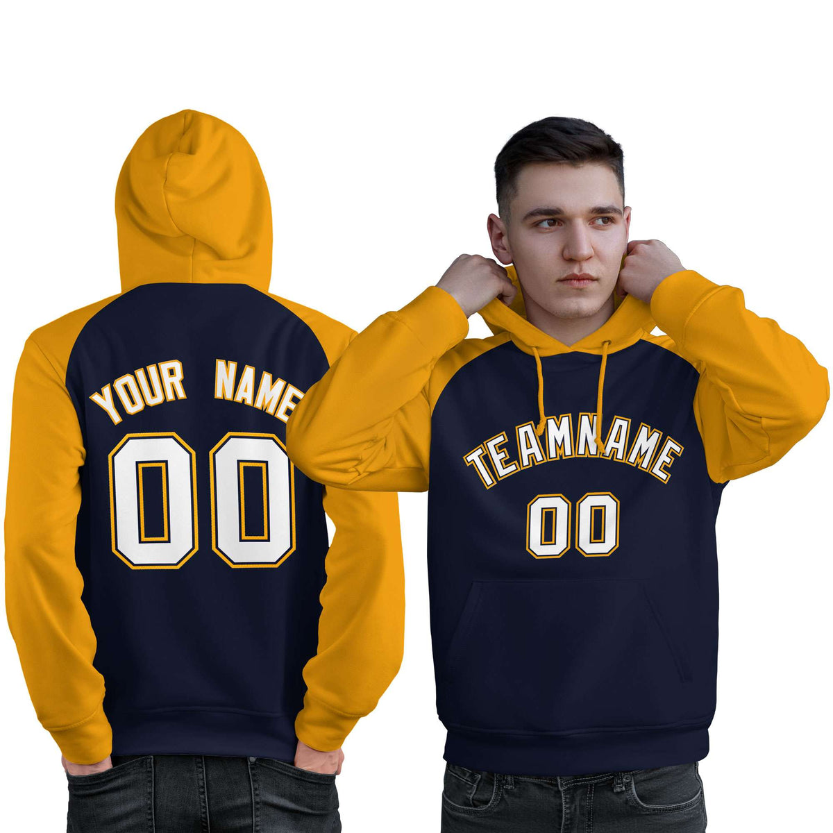Custom Stitched Navy Gold-White Raglan Sleeves Sports Pullover Sweatshirt Hoodie For Men| KXKSHOP