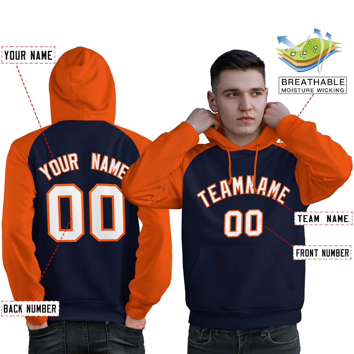 Custom Stitched Navy Orange-White Raglan Sleeves Sports Pullover Sweatshirt Hoodie For Men| KXKSHOP