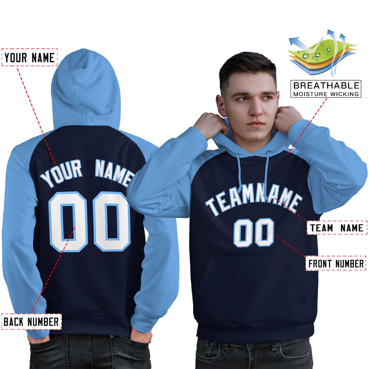 Custom Stitched Navy Powder Blue-White Raglan Sleeves Sports Pullover Sweatshirt Hoodie For Men| KXKSHOP