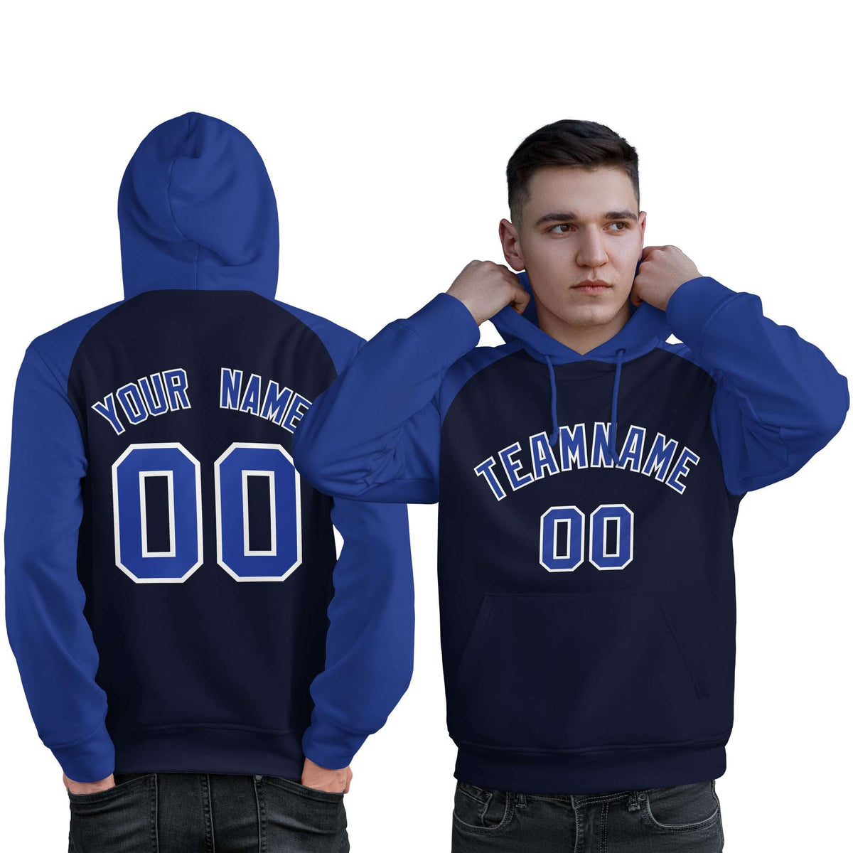 Custom Stitched Navy Royal Raglan Sleeves Sports Pullover Sweatshirt Hoodie For Men| KXKSHOP