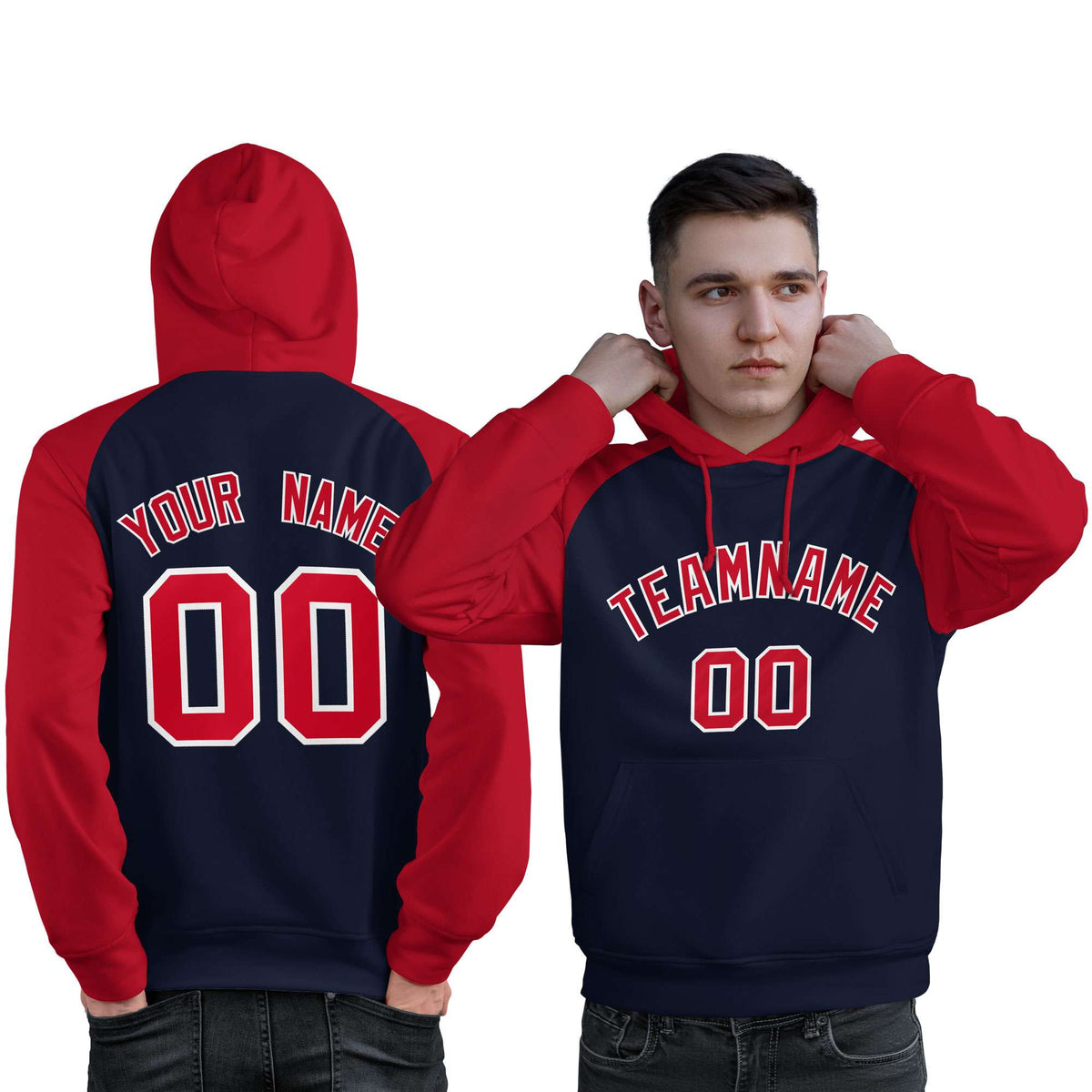 Custom Stitched Navy Red Raglan Sleeves Sports Pullover Sweatshirt Hoodie For Men| KXKSHOP