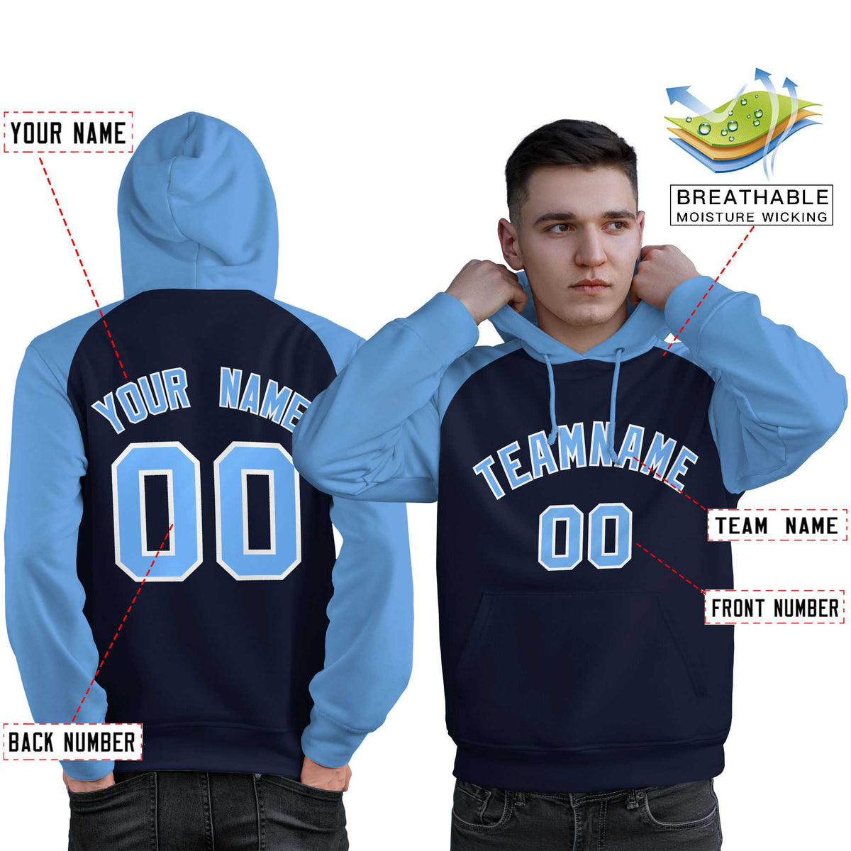 Custom Stitched Navy Powder Blue Raglan Sleeves Sports Pullover Sweatshirt Hoodie For Men| KXKSHOP