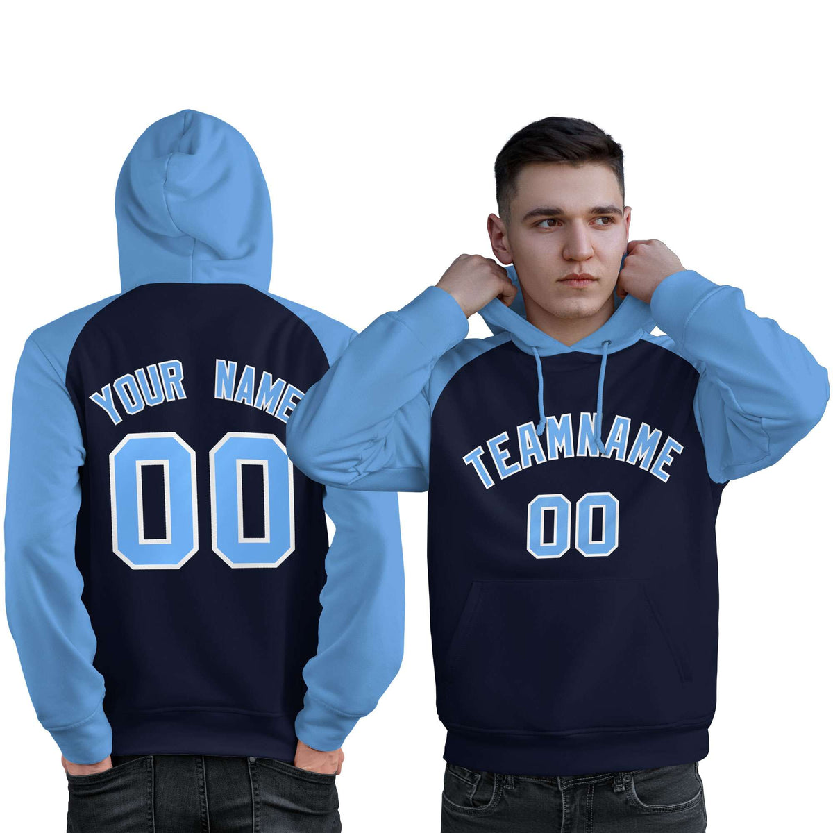 Custom Stitched Navy Powder Blue Raglan Sleeves Sports Pullover Sweatshirt Hoodie For Men| KXKSHOP