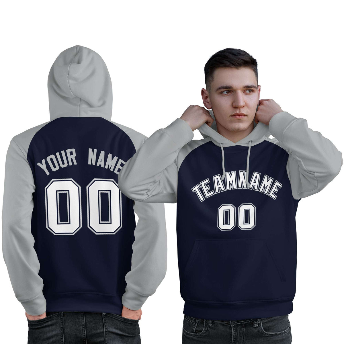 Custom Stitched Navy Gray-White Raglan Sleeves Sports Pullover Sweatshirt Hoodie For Men| KXKSHOP