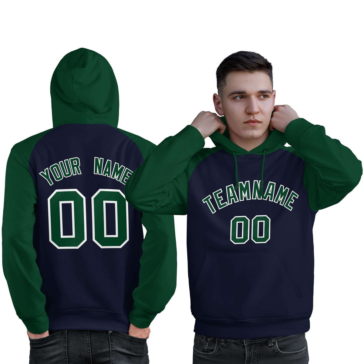 Custom Stitched Navy Green Raglan Sleeves Sports Pullover Sweatshirt Hoodie For Men| KXKSHOP