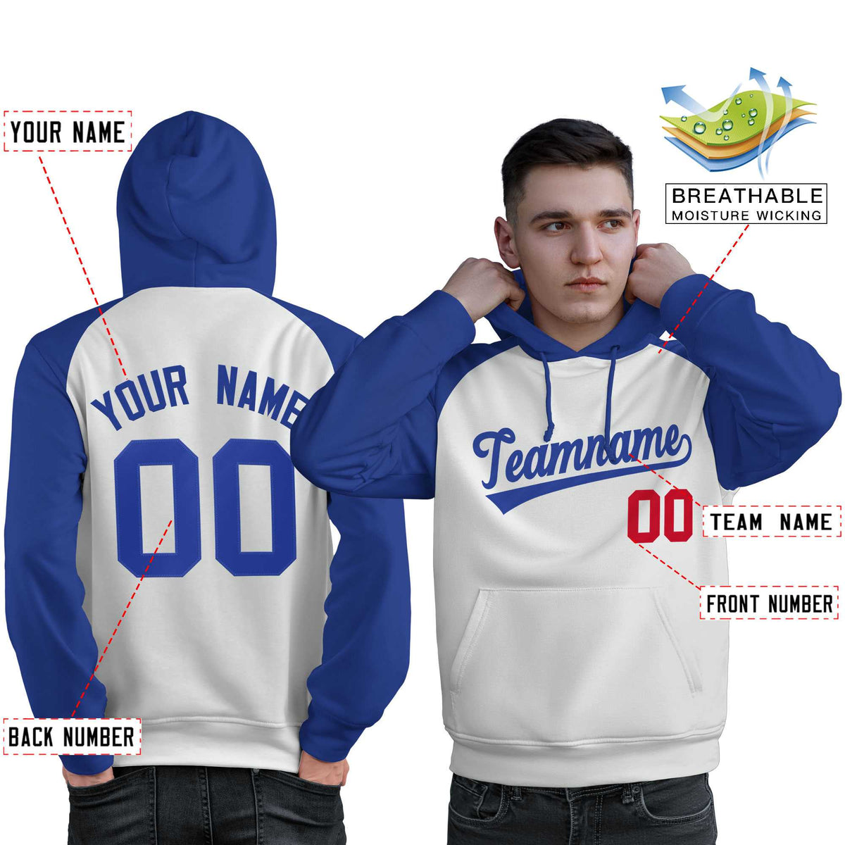 Custom Stitched White Royal Raglan Sleeves Sports Pullover Sweatshirt Hoodie For Men| KXKSHOP