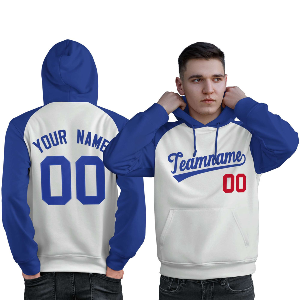 Custom Stitched White Royal Raglan Sleeves Sports Pullover Sweatshirt Hoodie For Men| KXKSHOP