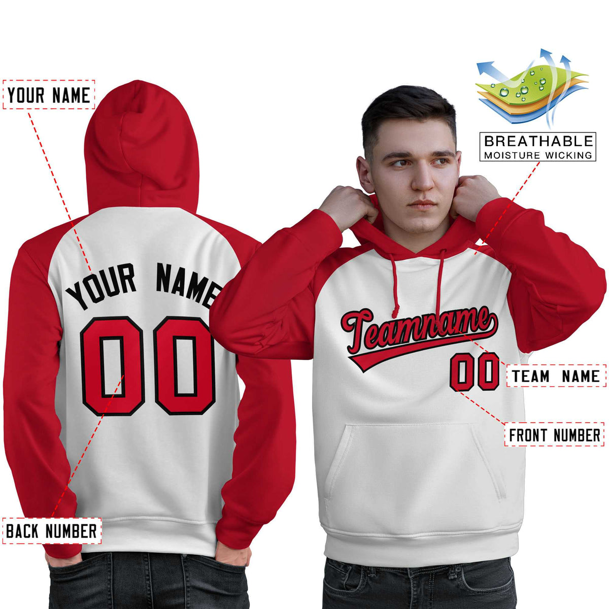 Custom Stitched White Red Raglan Sleeves Sports Pullover Sweatshirt Hoodie For Men| KXKSHOP