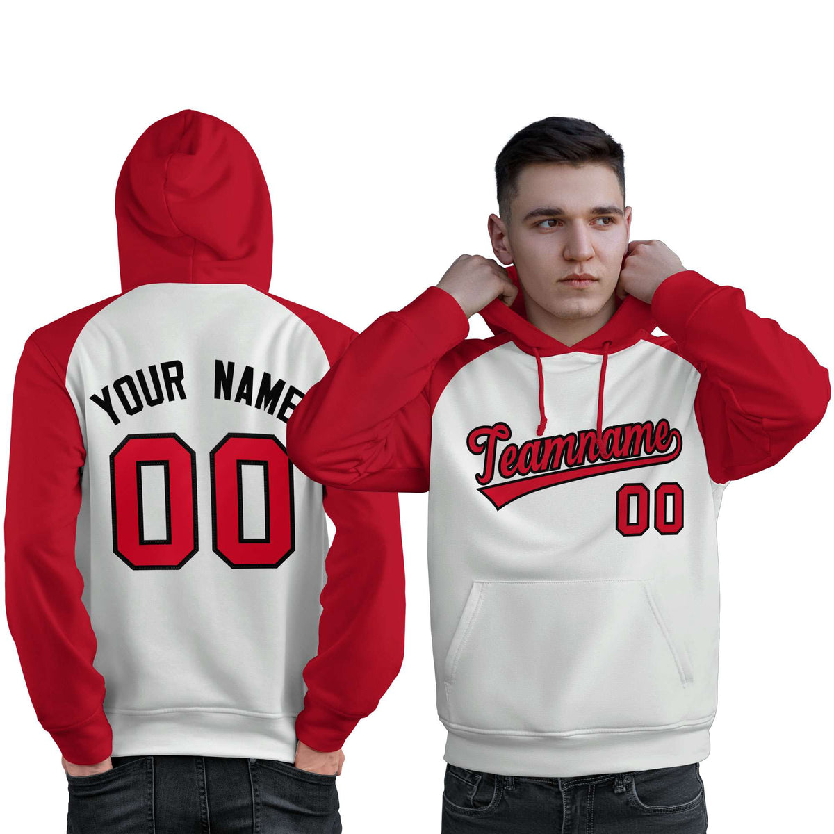 Custom Stitched White Red Raglan Sleeves Sports Pullover Sweatshirt Hoodie For Men| KXKSHOP