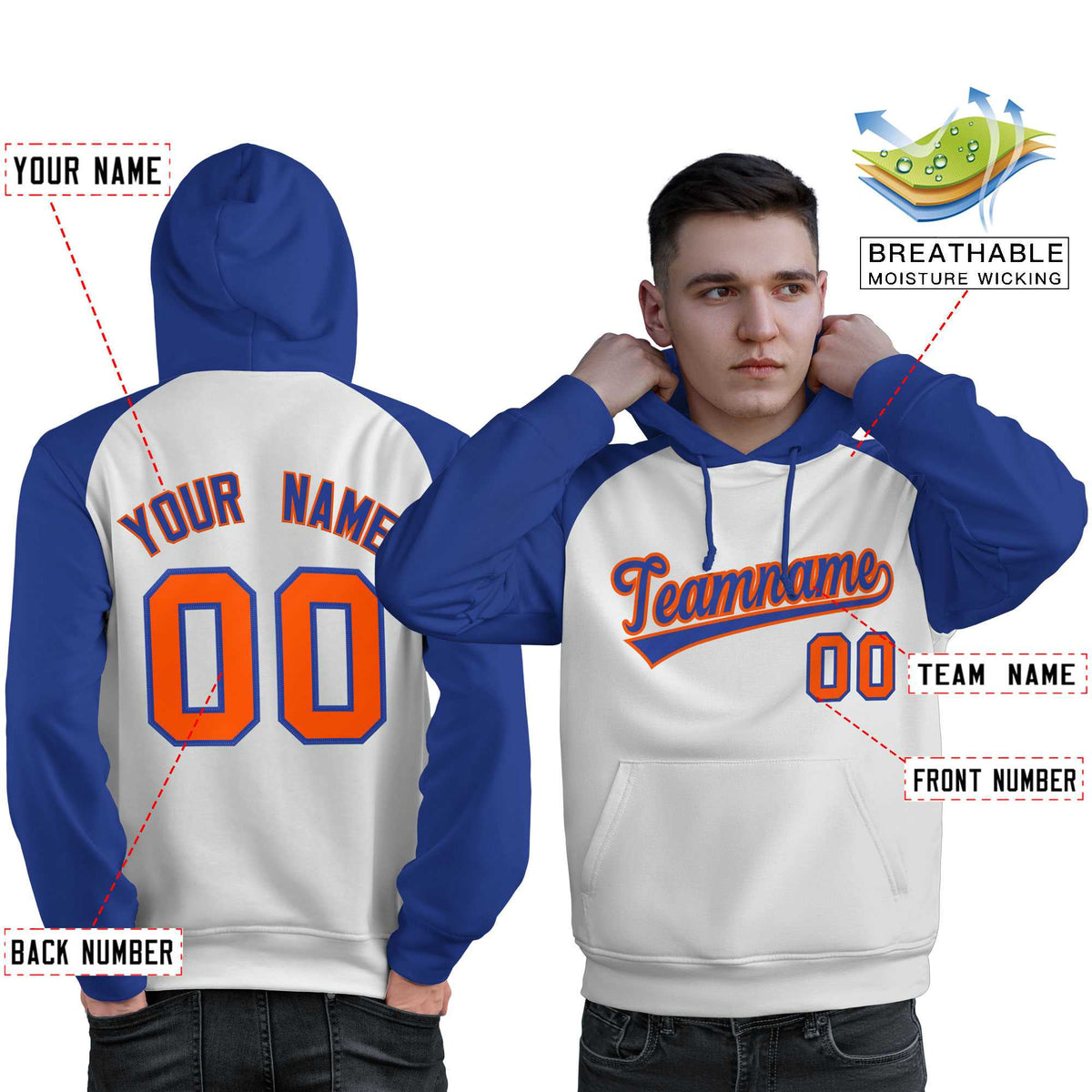 Custom Stitched White Royal Raglan Sleeves Sports Pullover Sweatshirt Hoodie For Men| KXKSHOP