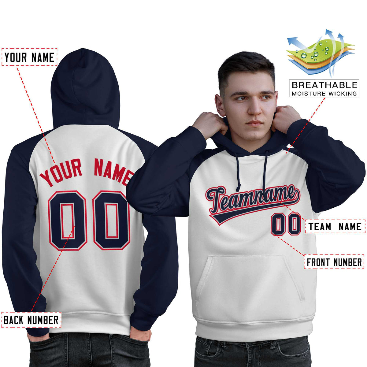 Custom Stitched White Navy Raglan Sleeves Sports Pullover Sweatshirt Hoodie For Men| KXKSHOP