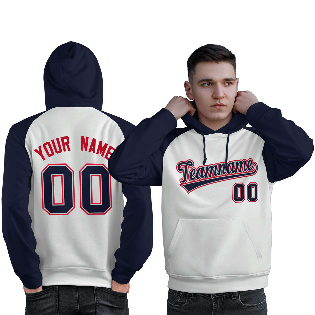 Custom Stitched White Navy Raglan Sleeves Sports Pullover Sweatshirt Hoodie For Men| KXKSHOP