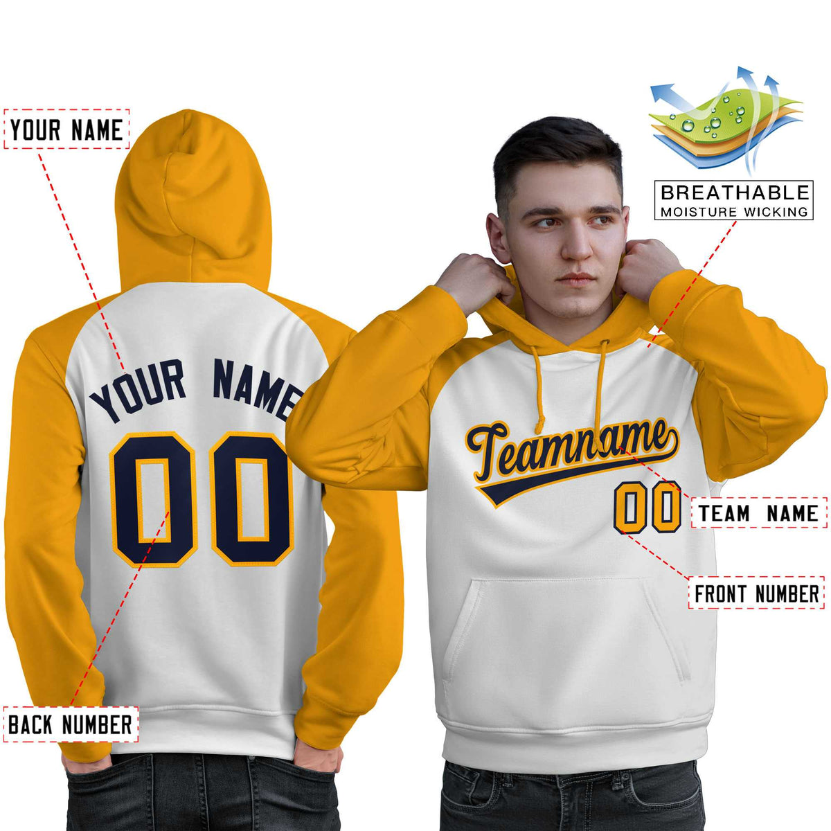 Custom Stitched White Gold-Navy Raglan Sleeves Sports Pullover Sweatshirt Hoodie For Men| KXKSHOP