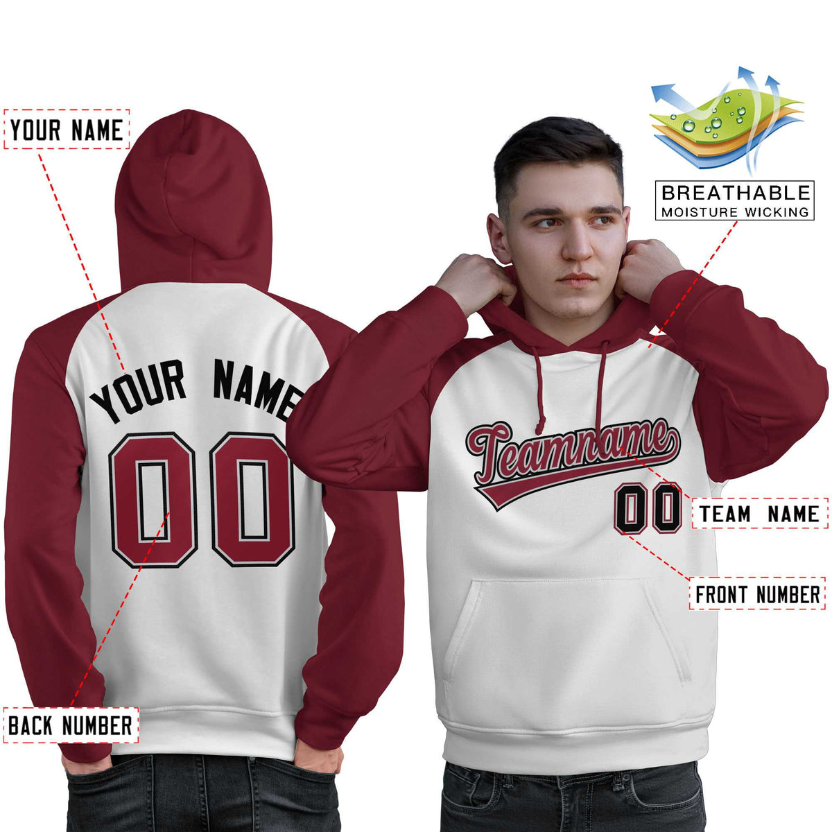 Custom Stitched White Crimson Raglan Sleeves Sports Pullover Sweatshirt Hoodie For Men| KXKSHOP