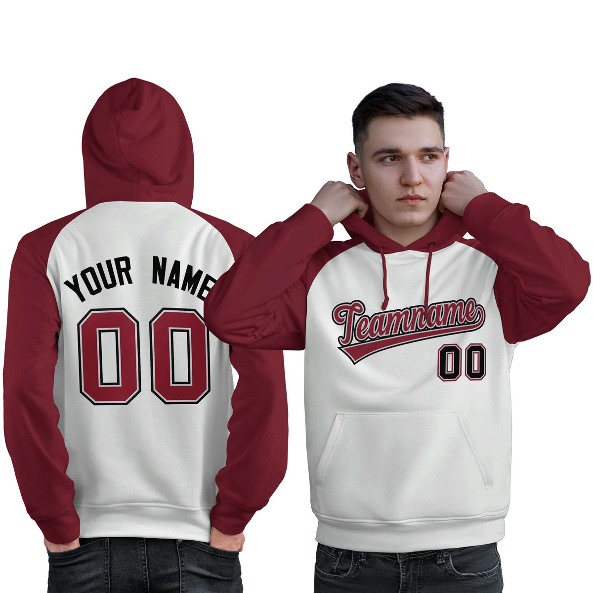 Custom Stitched White Crimson Raglan Sleeves Sports Pullover Sweatshirt Hoodie For Men| KXKSHOP
