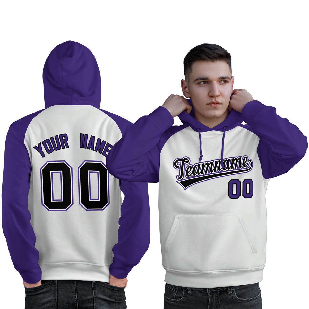Custom Stitched White Purple-Black Raglan Sleeves Sports Pullover Sweatshirt Hoodie For Men| KXKSHOP