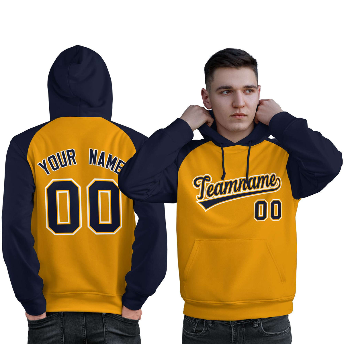 Custom Stitched Gold Navy Raglan Sleeves Sports Pullover Sweatshirt Hoodie For Men| KXKSHOP
