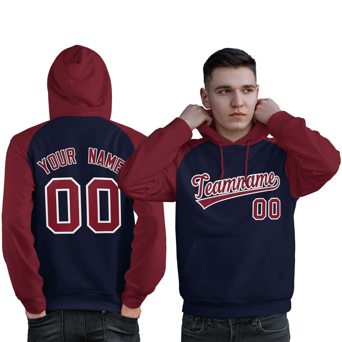 Custom Stitched Navy Crimson Raglan Sleeves Sports Pullover Sweatshirt Hoodie For Men| KXKSHOP