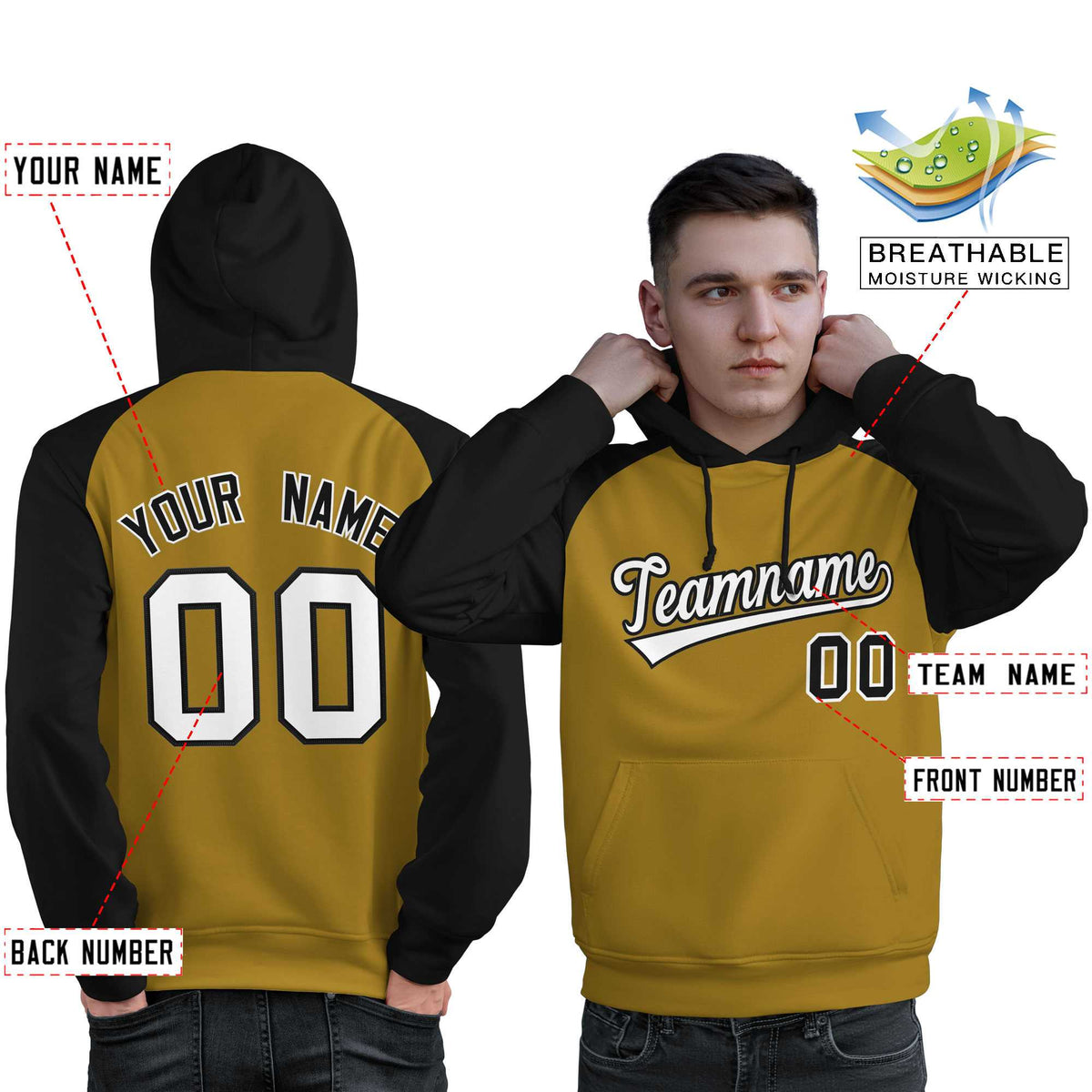 Custom Stitched Old Gold Black-White Raglan Sleeves Sports Pullover Sweatshirt Hoodie For Men| KXKSHOP