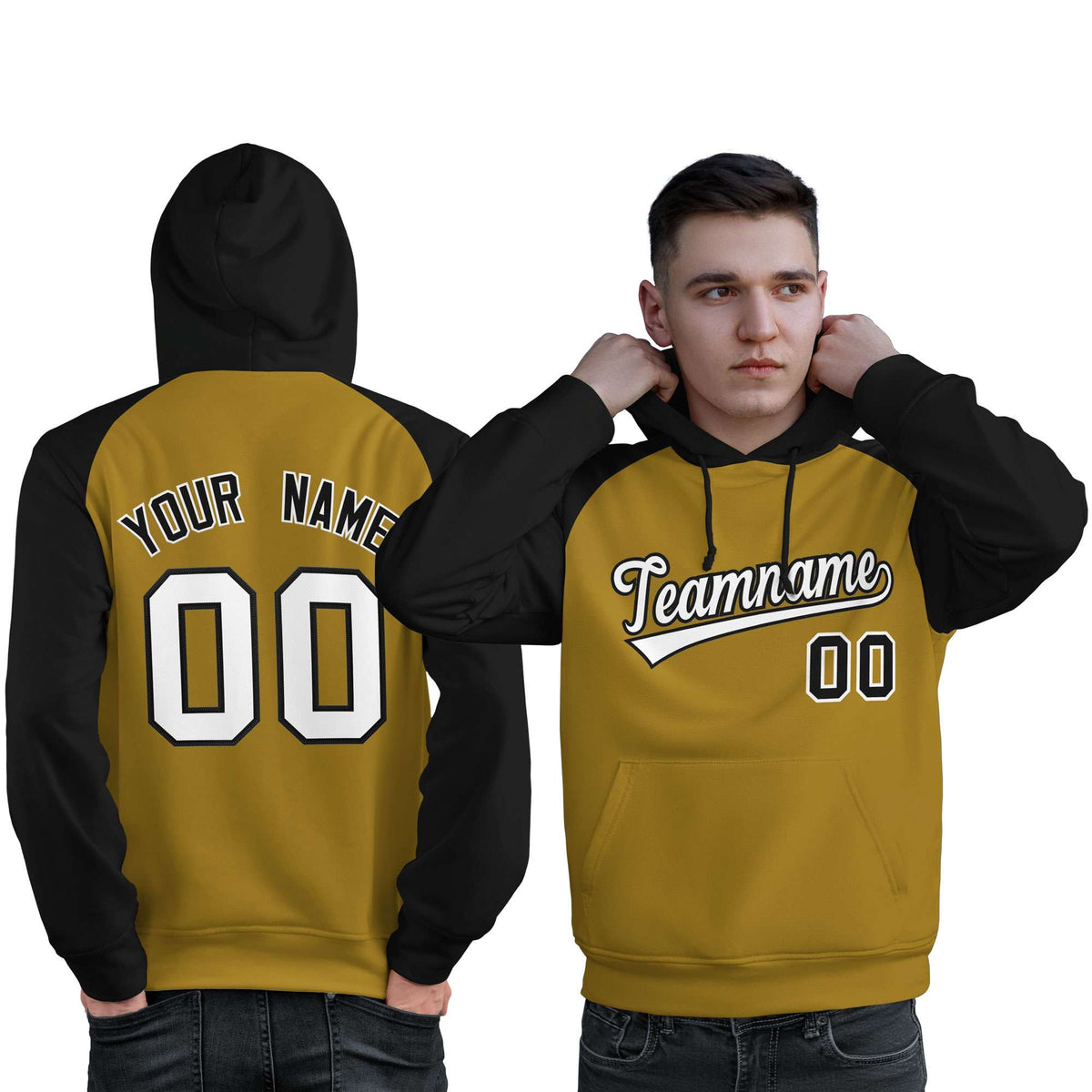 Custom Stitched Old Gold Black-White Raglan Sleeves Sports Pullover Sweatshirt Hoodie For Men| KXKSHOP