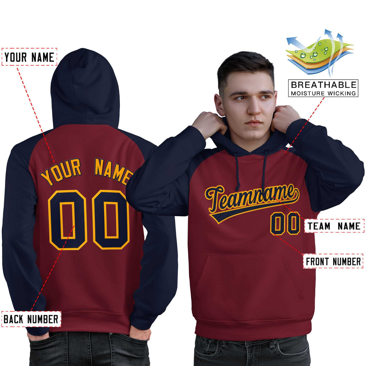 Custom Stitched Crimson Navy Raglan Sleeves Sports Pullover Sweatshirt Hoodie For Men| KXKSHOP