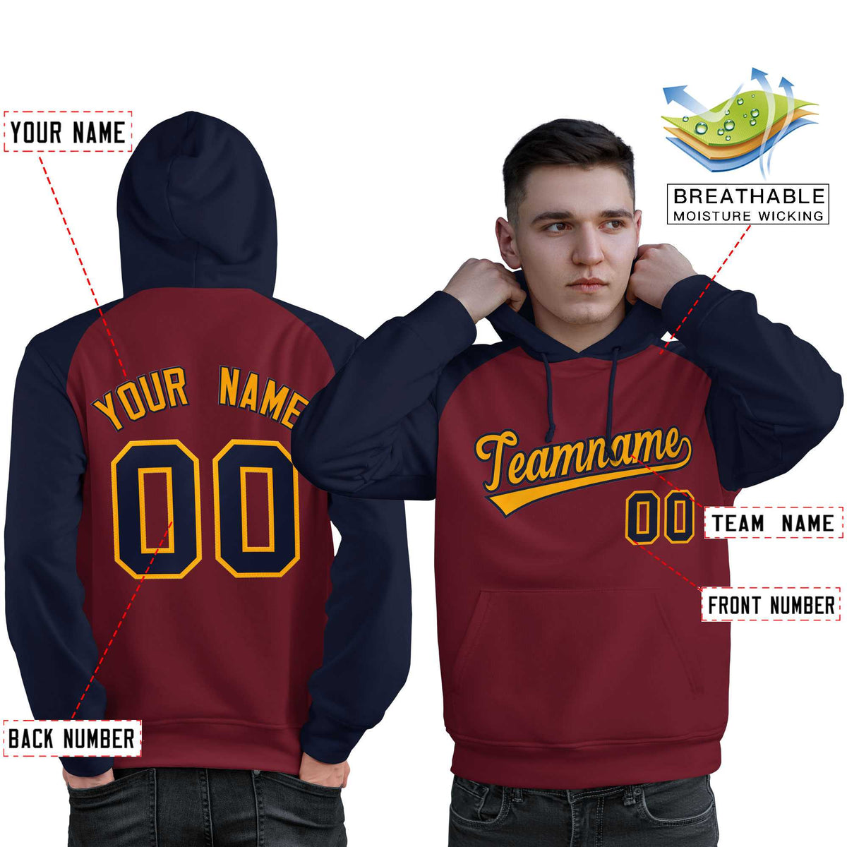 Custom Stitched Crimson Navy-Gold Raglan Sleeves Sports Pullover Sweatshirt Hoodie For Men| KXKSHOP