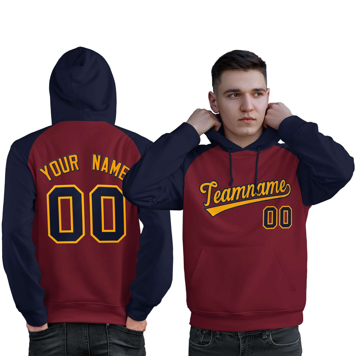 Custom Stitched Crimson Navy-Gold Raglan Sleeves Sports Pullover Sweatshirt Hoodie For Men| KXKSHOP