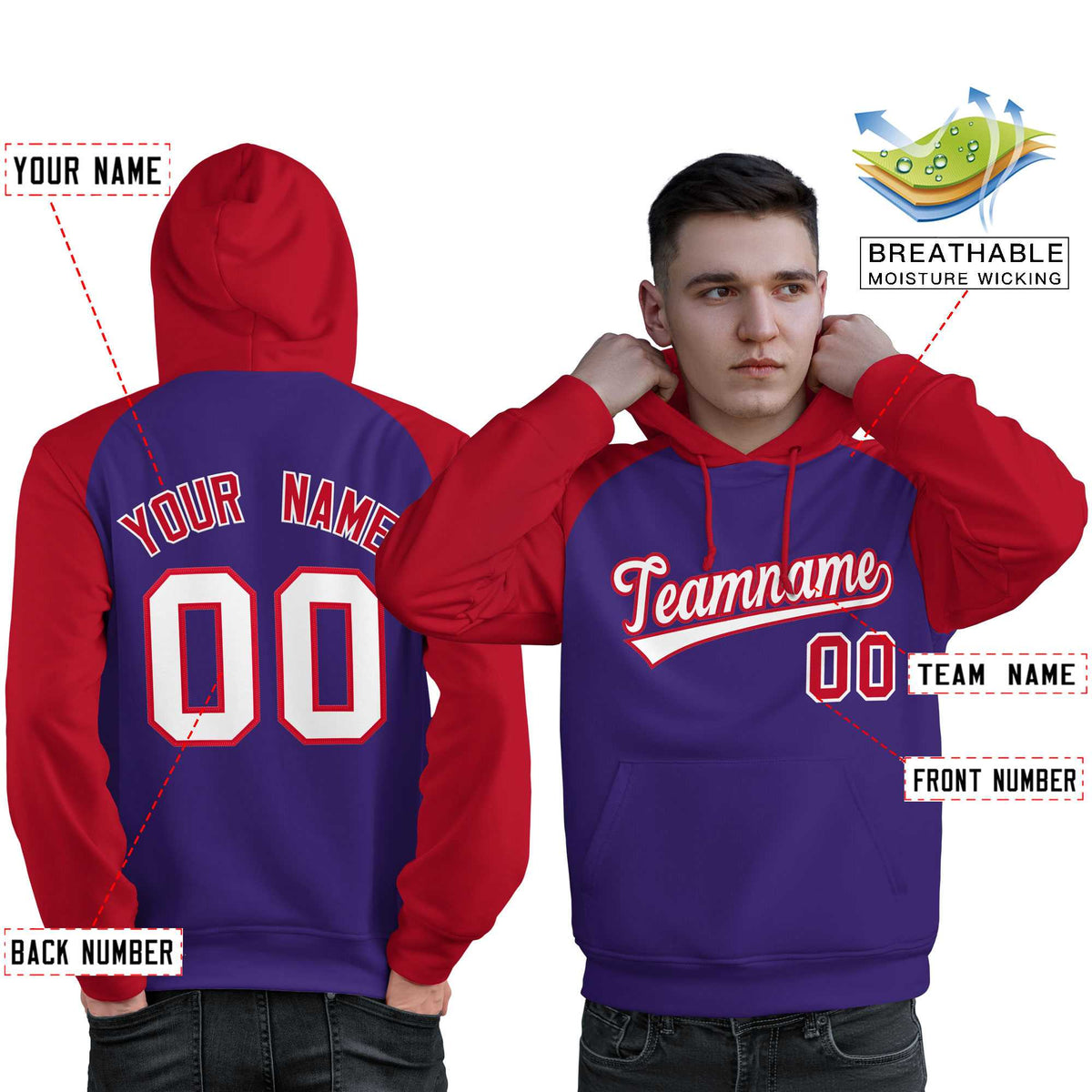 Custom Stitched Purple Red-White Raglan Sleeves Sports Pullover Sweatshirt Hoodie For Men| KXKSHOP