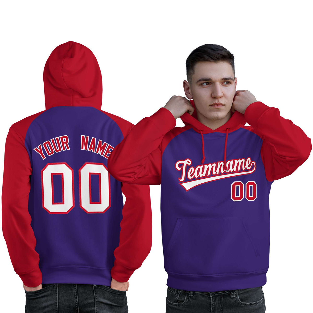 Custom Stitched Purple Red-White Raglan Sleeves Sports Pullover Sweatshirt Hoodie For Men| KXKSHOP