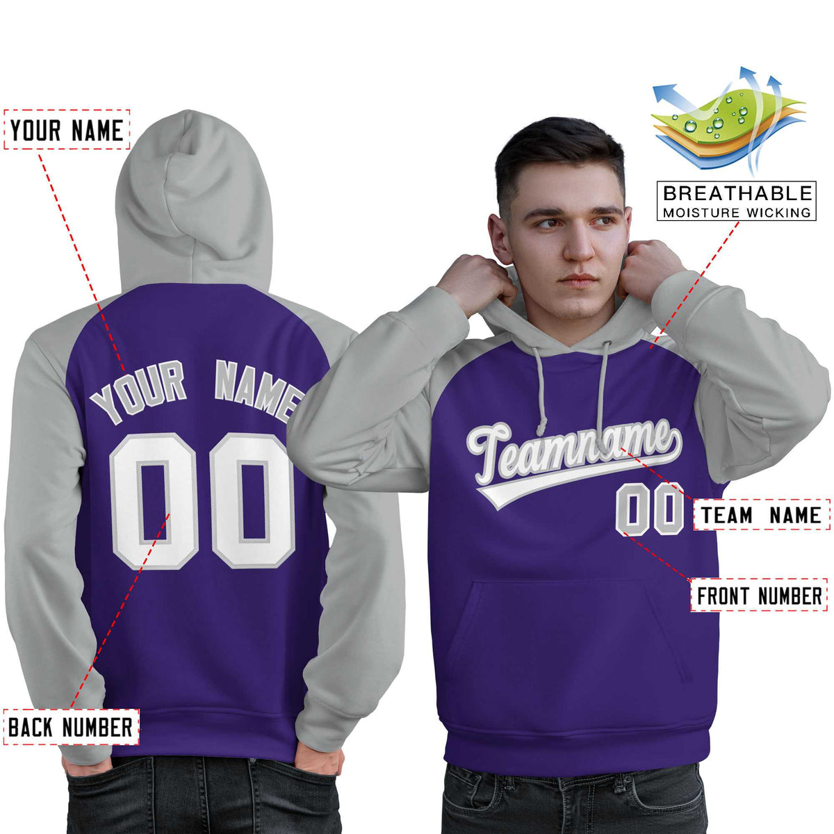 Custom Stitched Purple Gray-White Raglan Sleeves Sports Pullover Sweatshirt Hoodie For Men| KXKSHOP