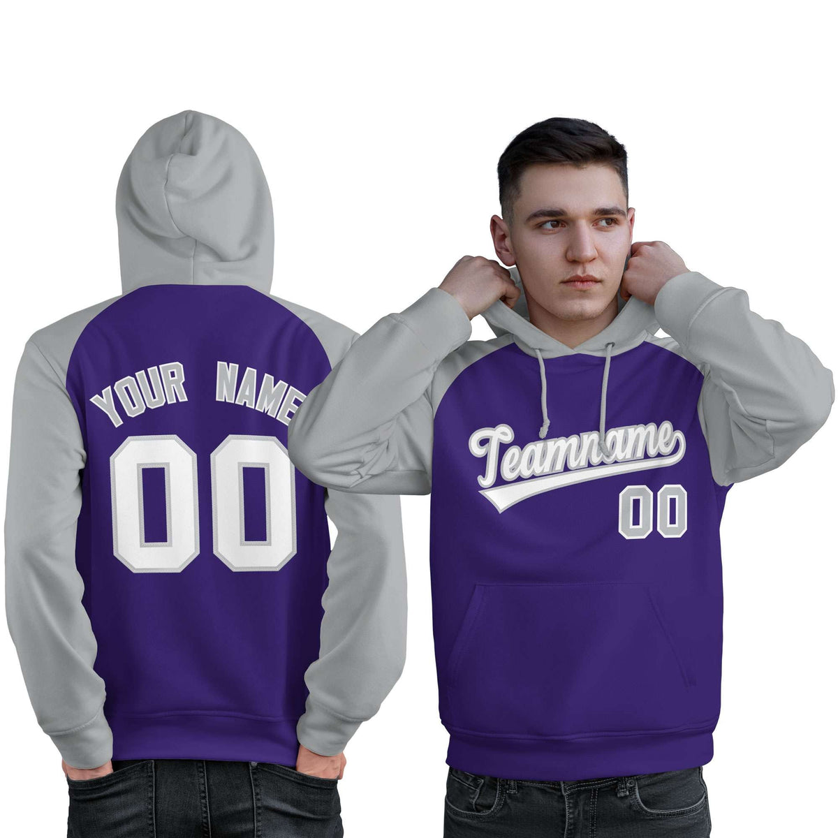 Custom Stitched Purple Gray-White Raglan Sleeves Sports Pullover Sweatshirt Hoodie For Men| KXKSHOP